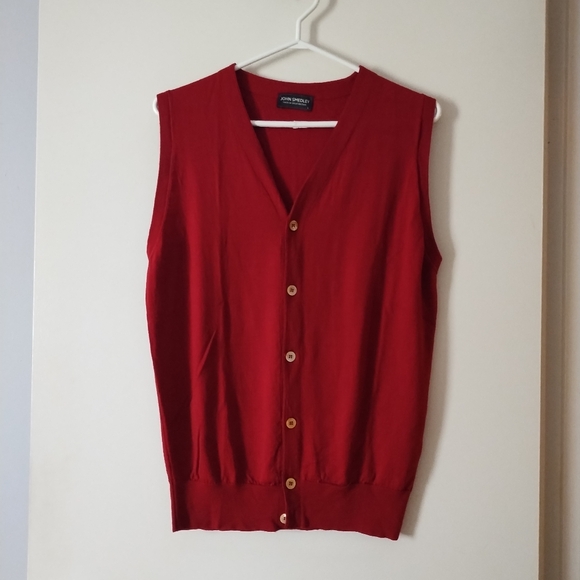 Vintage JOHN SMEDLEY Dark Red Extrafine Merino Wool Button Vest L - Picture 1 of 4